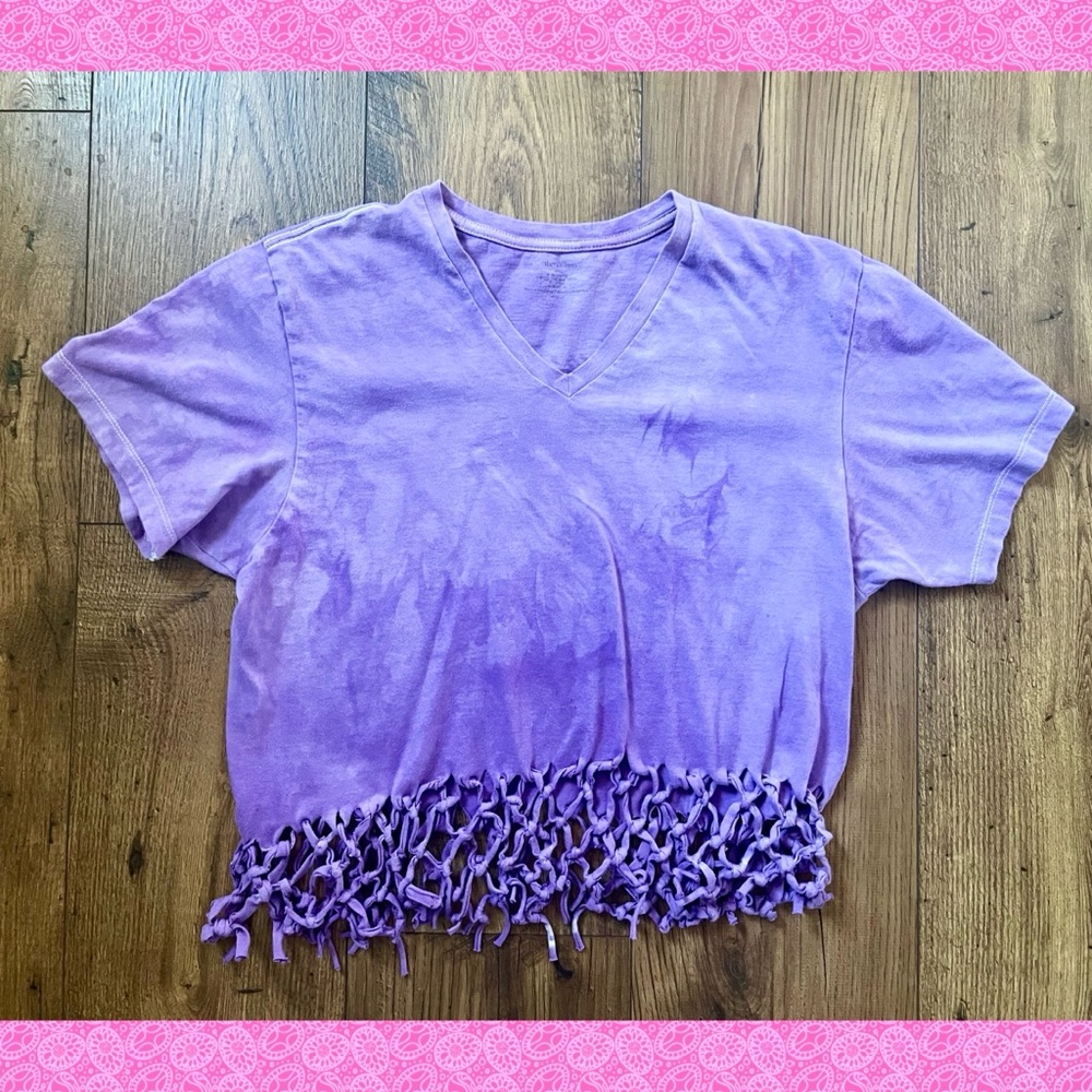 Calvin Klein Women’s Purple Tie Dye Crop T Shirt W/ Fringe Sz M Summer Fun Cozy